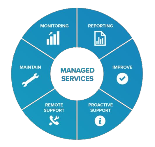 Managed services wheel showing monitoring, reporting, remote support and improvement