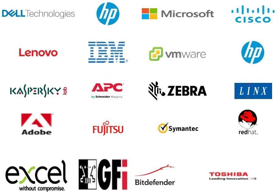 Enterprise partner logos including Dell Technologies, HP, Microsoft, Cisco, Lenovo, IBM, VMware, Kaspersky, APC and others